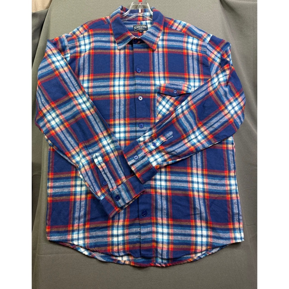 Canyon Creek Mens Blue Red Plaid Flannel Button Down‎ Shirt Size L Long Sleeve